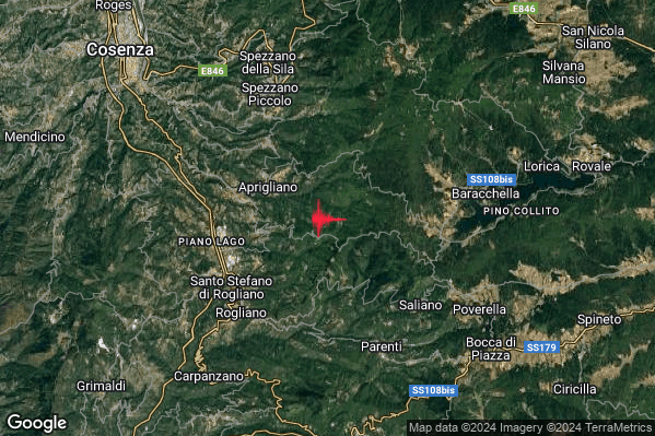 Debole Terremoto M2.3 epicentro 4 km SE Aprigliano (CS) alle 04:46:55 (03:46:55 UTC)