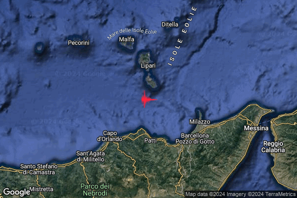 Leggero Terremoto M2.9 epicentro Isole Eolie (Messina) alle 13:11:48 (12:11:48 UTC)