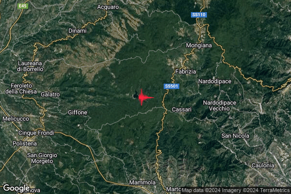 Lieve Terremoto M2.0 epicentro 6 km SW Fabrizia (VV) alle 16:34:51 (15:34:51 UTC)