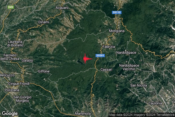 Debole Terremoto M2.7 epicentro 5 km W Fabrizia (VV) alle 16:36:28 (15:36:28 UTC)