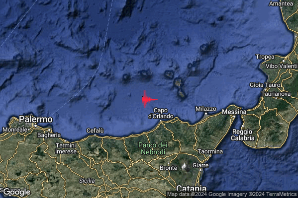 Lieve Terremoto M2.1 epicentro Costa Siciliana nord-orientale (Messina) alle 06:06:55 (05:06:55 UTC)