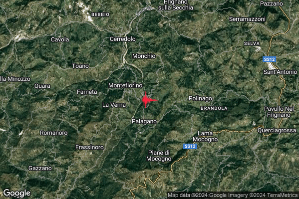 Debole Terremoto M2.3 epicentro 2 km N Palagano (MO) alle 00:32:47 (23:32:47 UTC)