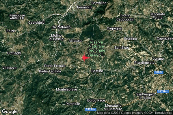 Debole Terremoto M2.3 epicentro 3 km NW Sestino (AR) alle 01:02:00 (00:02:00 UTC)