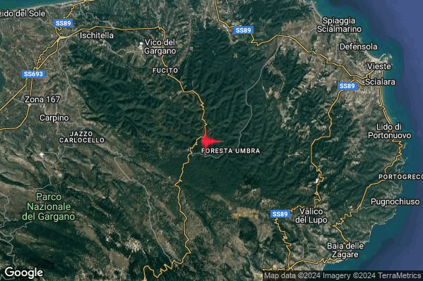 Debole Terremoto M2.5 epicentro 9 km SE Vico del Gargano (FG) alle 08:30:48 (07:30:48 UTC)