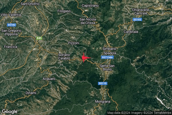 Debole Terremoto M2.5 epicentro 4 km E Sorianello (VV) alle 01:28:34 (00:28:34 UTC)