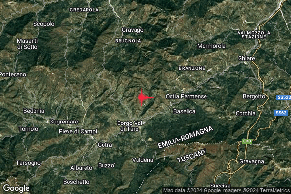 Debole Terremoto M2.4 epicentro 4 km NE Borgo Val di Taro (PR) alle 02:29:01 (01:29:01 UTC)