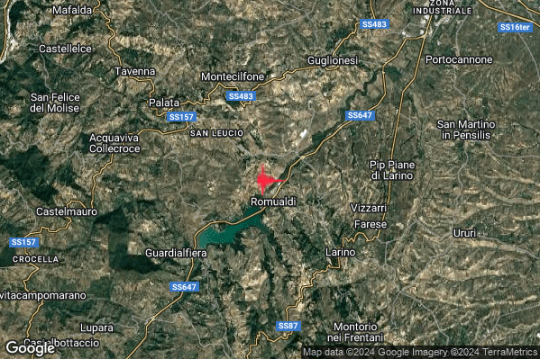 Debole Terremoto M2.7 epicentro 6 km NW Larino (CB) alle 15:14:40 (14:14:40 UTC)