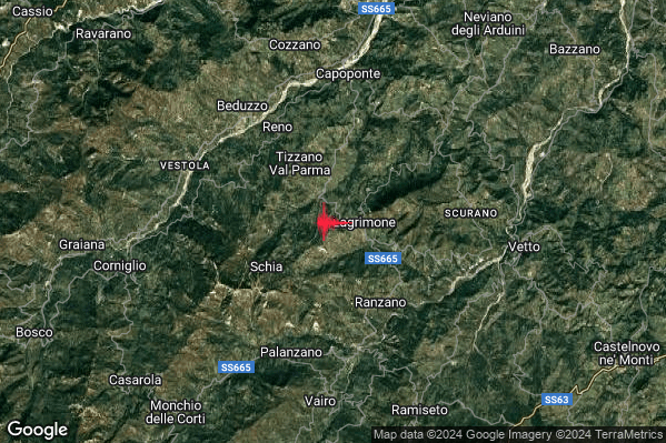 Lieve Terremoto M2.1 epicentro 3 km SE Tizzano Val Parma (PR) alle 02:16:19 (01:16:19 UTC)