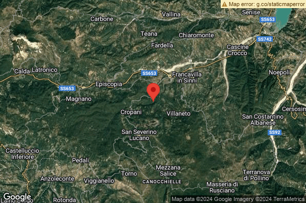 Debole Terremoto M2.7 epicentro 4 km N San Severino Lucano (PZ) alle 04:05:39 (03:05:39 UTC)