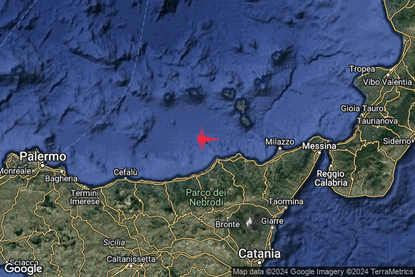 Leggero Terremoto M2.9 epicentro Costa Siciliana nord-orientale (Messina) alle 20:19:40 (19:19:40 UTC)