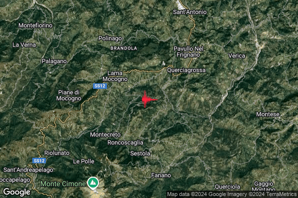 Debole Terremoto M2.4 epicentro 5 km SE Lama Mocogno (MO) alle 19:53:23 (18:53:23 UTC)