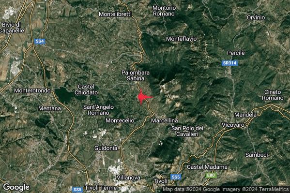 Debole Terremoto M2.5 epicentro 2 km SE Palombara Sabina (RM) alle 14:14:08 (13:14:08 UTC)