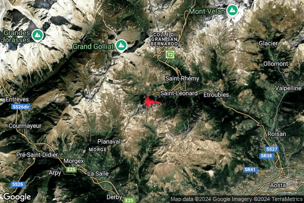 Debole Terremoto M2.5 epicentro 3 km W Saint-Rhemy-en-Bosses (AO) alle 22:57:26 (21:57:26 UTC)