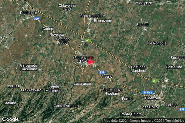 Debole Terremoto M2.5 epicentro 2 km E Fiorenzuola d'Arda (PC) alle 05:59:34 (04:59:34 UTC)