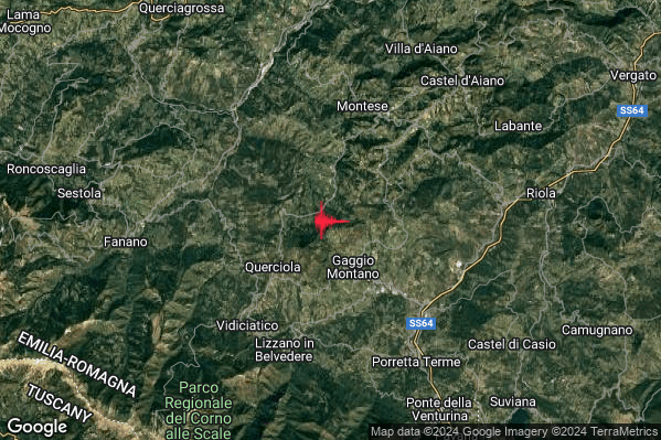 Leggero Terremoto M2.8 epicentro 2 km NW Gaggio Montano (BO) alle 19:04:38 (18:04:38 UTC)