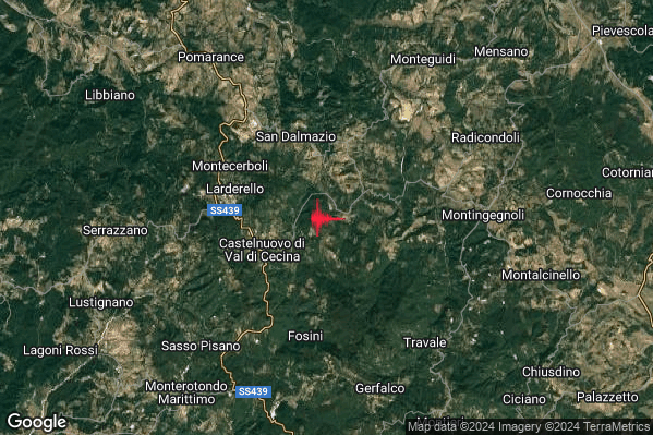 Debole Terremoto M2.3 epicentro 4 km NE Castelnuovo di Val di Cecina (PI) alle 23:15:12 (22:15:12 UTC)