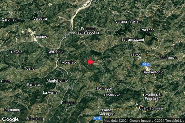 Debole Terremoto M2.5 epicentro 5 km NW Polinago (MO) alle 00:40:56 (23:40:56 UTC)