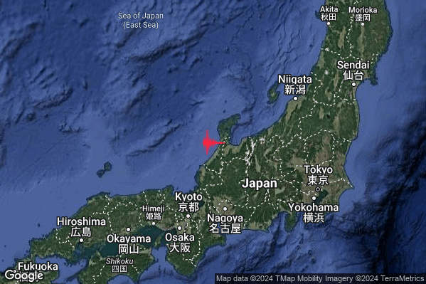 Violento Terremoto M6.2 epicentro Near west coast of eastern Honshu Japan [Sea: Japan] alle 14:47:07 (13:47:07 UTC)