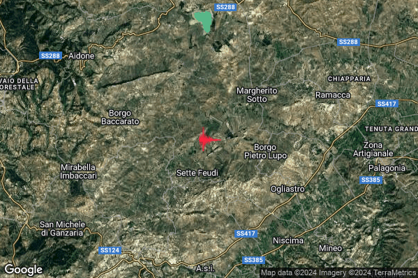 Debole Terremoto M2.4 epicentro 11 km E Mirabella Imbaccari (CT) alle 11:57:50 (10:57:50 UTC)