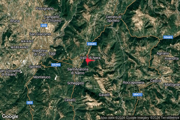 Debole Terremoto M2.5 epicentro 2 km S Vallo di Nera (PG) alle 11:22:54 (10:22:54 UTC)