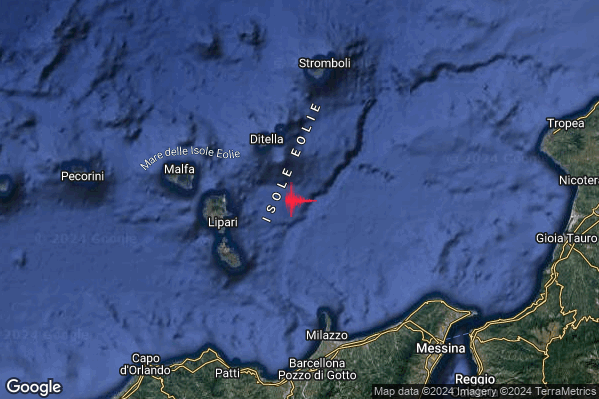 Leggero Terremoto M2.9 epicentro Isole Eolie (Messina) alle 06:49:18 (05:49:18 UTC)