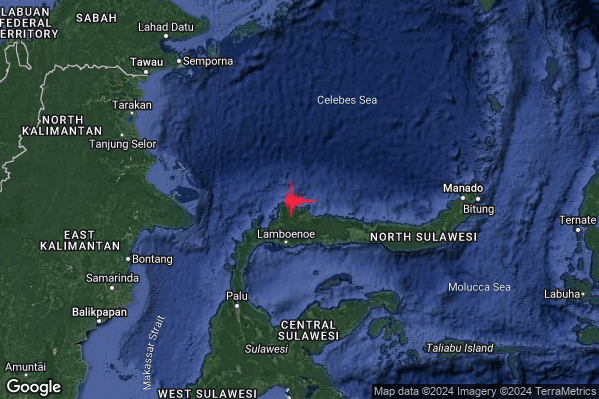 Violento Terremoto M5.8 epicentro Minahassa Peninsula Sulawesi Indonesia [Sea: Indonesia] alle 18:15:03 (17:15:03 UTC)