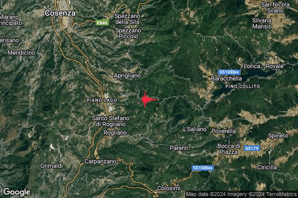 Lieve Terremoto M2.2 epicentro 3 km E Cellara (CS) alle 01:44:26 (00:44:26 UTC)