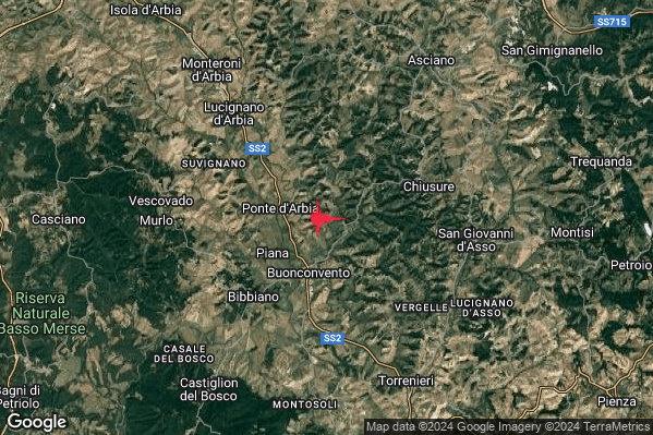 Lieve Terremoto M2.0 epicentro 3 km NE Buonconvento (SI) alle 04:12:09 (03:12:09 UTC)