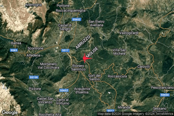 Leggero Terremoto M3.0 epicentro 2 km NE Rionero Sannitico (IS) alle 13:15:59 (12:15:59 UTC)