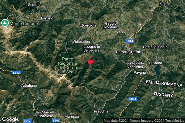 Debole Terremoto M2.7 epicentro 3 km S Lizzano in Belvedere (BO) alle 02:00:52 (01:00:52 UTC)