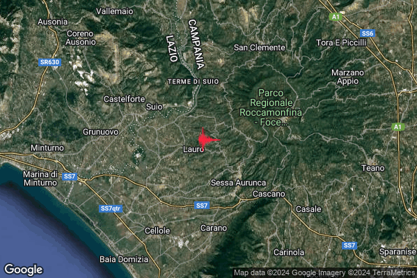 Debole Terremoto M2.4 epicentro 4 km NW Sessa Aurunca (CE) alle 12:00:42 (11:00:42 UTC)