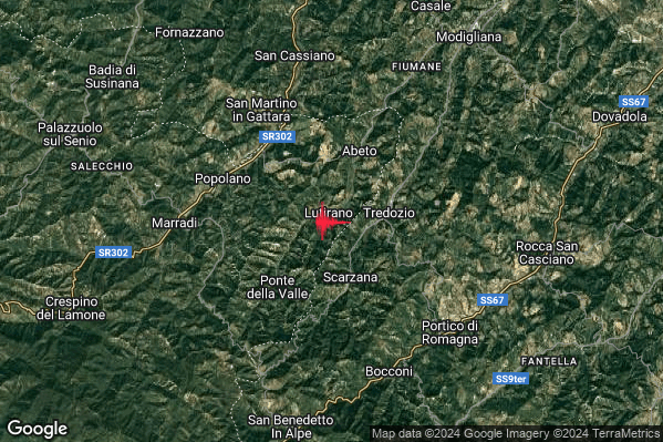 Lieve Terremoto M2.2 epicentro 3 km W Tredozio (FC) alle 10:18:00 (09:18:00 UTC)