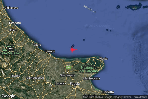Debole Terremoto M2.5 epicentro Costa Garganica (Foggia) alle 16:04:55 (15:04:55 UTC)