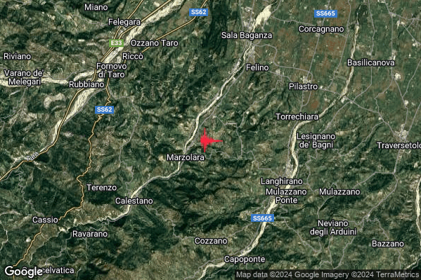 Debole Terremoto M2.4 epicentro 6 km W Langhirano (PR) alle 05:19:13 (04:19:13 UTC)