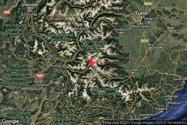 Debole Terremoto M2.4 epicentro Confine Italia-Francia (FRANCIA) alle 07:39:48 (06:39:48 UTC)