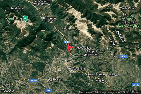 Debole Terremoto M2.6 epicentro 3 km W Pescosolido (FR) alle 12:18:40 (11:18:40 UTC)