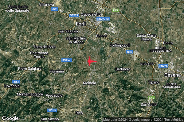 Debole Terremoto M2.4 epicentro 4 km N Meldola (FC) alle 14:58:23 (13:58:23 UTC)