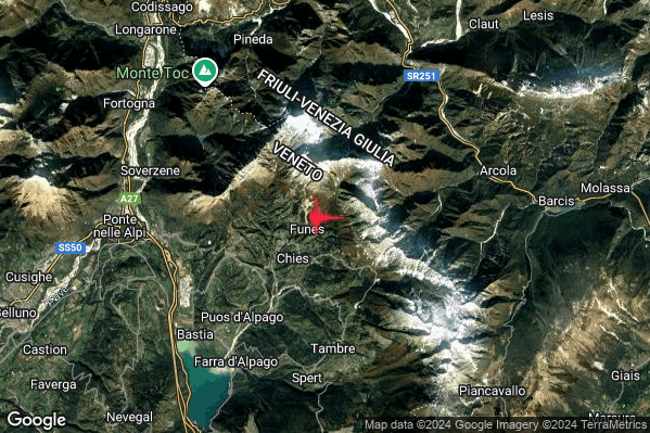 Lieve Terremoto M2.1 epicentro 2 km E Chies d'Alpago (BL) alle 06:45:31 (05:45:31 UTC)