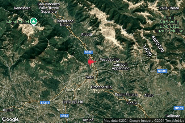 Debole Terremoto M2.4 epicentro 3 km N Sora (FR) alle 15:45:44 (14:45:44 UTC)