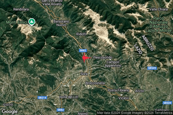 Debole Terremoto M2.6 epicentro 3 km N Sora (FR) alle 21:32:52 (20:32:52 UTC)