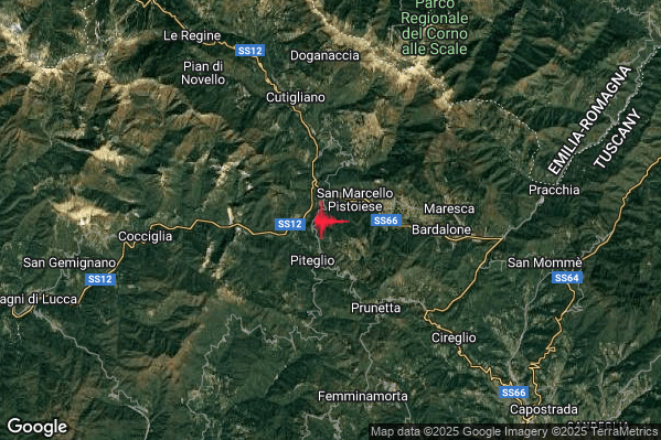 Lieve Terremoto M2.1 epicentro 2 km SW San Marcello Pistoiese (PT) alle 23:10:01 (22:10:01 UTC)