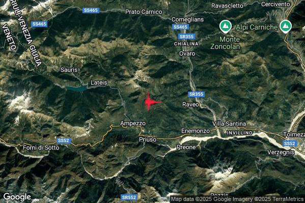 Debole Terremoto M2.3 epicentro 3 km NE Ampezzo (UD) alle 16:32:20 (15:32:20 UTC)