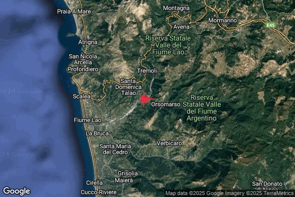 Debole Terremoto M2.5 epicentro 2 km W Orsomarso (CS) alle 23:49:14 (22:49:14 UTC)