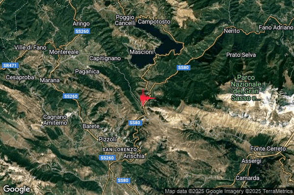 Debole Terremoto M2.5 epicentro 7 km SE Capitignano (AQ) alle 13:02:43 (12:02:43 UTC)