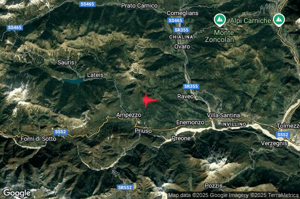 Lieve Terremoto M2.1 epicentro 3 km NE Ampezzo (UD) alle 22:49:58 (21:49:58 UTC)