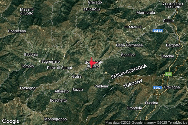 Debole Terremoto M2.4 epicentro Borgo Val di Taro (PR) alle 10:07:59 (09:07:59 UTC)
