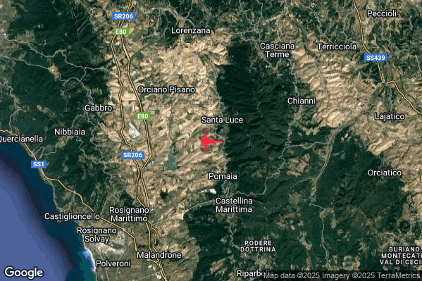Lieve Terremoto M2.2 epicentro 2 km SW Santa Luce (PI) alle 23:45:48 (22:45:48 UTC)