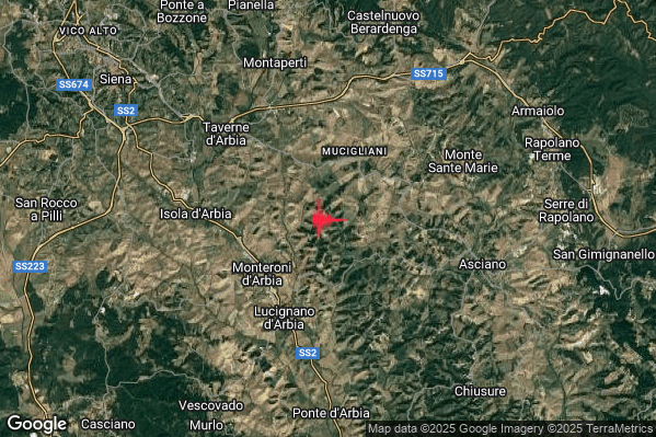 Lieve Terremoto M2.1 epicentro 4 km NE Monteroni d'Arbia (SI) alle 02:33:53 (01:33:53 UTC)