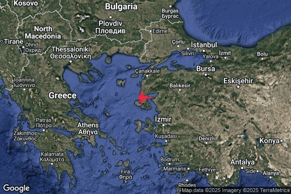 Severo Terremoto M5.2 epicentro Greece [Sea] alle 21:38:45 (20:38:45 UTC)