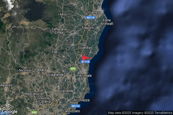 Lieve Terremoto M2.1 epicentro 3 km N Acireale (CT) alle 15:06:51 (14:06:51 UTC)